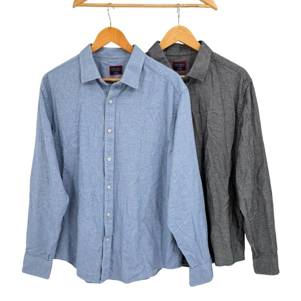 UNTUCKit Mens XL Button Down Shirt Bundle Librando Herringbone Blue Grey 40246